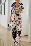 hulianfu Casual Print Patchwork Turndown Collar Long Sleeve Two Pieces