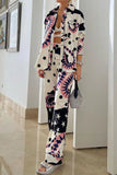 hulianfu Casual Print Patchwork Turndown Collar Long Sleeve Two Pieces