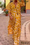 hulianfu Casual College Print Patchwork Turndown Collar Three Quarter Two Pieces