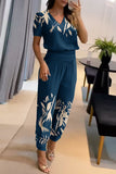 hulianfu Casual Geometric Patchwork V Neck Short Sleeve Two Pieces(4 Colors)