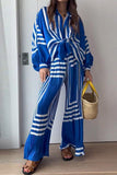 hulianfu Casual Striped Print Patchwork V Neck Long Sleeve Two Pieces