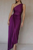 hulianfu - Elegant Solid Patchwork Fold Asymmetrical Oblique Collar Evening Dress Dresses