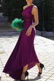 hulianfu - Elegant Solid Patchwork Fold Asymmetrical Oblique Collar Evening Dress Dresses