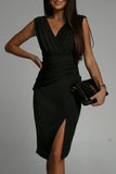 hulianfu Celebrities Elegant Solid Slit Fold V Neck Evening Dress Dresses(4 Colors)