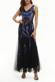 hulianfu Celebrities Elegant Color Block Patchwork V Neck Evening Dress Dresses