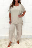 hulianfu Plus Size Casual Solid Asymmetrical O Neck Short Sleeve Two Pieces(9 Colors)
