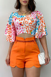 hulianfu Casual Print Patchwork O Neck Half Sleeve Two Pieces