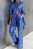 hulianfu Celebrities Elegant Geometric Print Patchwork Turndown Collar Long Sleeve Two Pieces