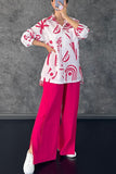 hulianfu Casual Print Patchwork Turndown Collar Long Sleeve Two Pieces