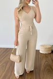 hulianfu Casual Simplicity Solid Fold V Neck Sleeveless Two Pieces