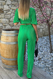 hulianfu Casual Simplicity Solid Fold V Neck Half Sleeve Two Pieces