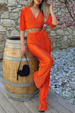 hulianfu Casual Simplicity Solid Fold V Neck Half Sleeve Two Pieces