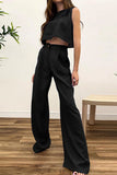 hulianfu Casual Solid Patchwork O Neck Sleeveless Two Pieces
