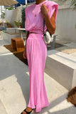 hulianfu Casual Simplicity Solid Fold O Neck Sleeveless Two Pieces
