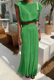 hulianfu Casual Simplicity Solid Fold O Neck Sleeveless Two Pieces