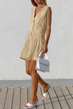 hulianfu Casual Solid Pocket V Neck Sleeveless Two Pieces