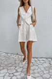 hulianfu Casual Solid Pocket V Neck Sleeveless Two Pieces