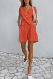 hulianfu Casual Solid Pocket V Neck Sleeveless Two Pieces