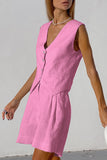 hulianfu Casual Solid Pocket V Neck Sleeveless Two Pieces