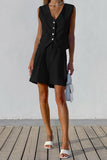 hulianfu Casual Solid Pocket V Neck Sleeveless Two Pieces