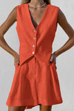 hulianfu Casual Solid Pocket V Neck Sleeveless Two Pieces