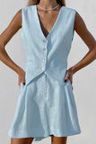 hulianfu Casual Solid Pocket V Neck Sleeveless Two Pieces