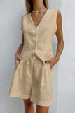 hulianfu Casual Solid Pocket V Neck Sleeveless Two Pieces