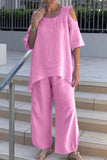 hulianfu Casual Solid Asymmetrical O Neck Half Sleeve Two Pieces
