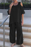 hulianfu Casual Solid Asymmetrical O Neck Half Sleeve Two Pieces