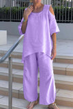 hulianfu Casual Solid Asymmetrical O Neck Half Sleeve Two Pieces