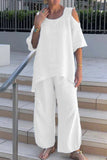 hulianfu Casual Solid Asymmetrical O Neck Half Sleeve Two Pieces