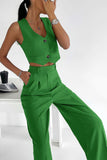 hulianfu Casual Solid Buttons V Neck Sleeveless Two Pieces