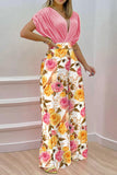 hulianfu Elegant Print Solid Patchwork V Neck Short Sleeve Two Pieces