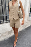 hulianfu Work British Style Solid Buttons V Neck Sleeveless Two Pieces