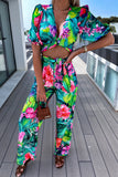 hulianfu Casual Street Floral Patchwork V Neck Half Sleeve Two Pieces(3 Colors)