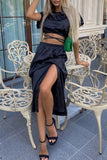 hulianfu Sexy Solid Frenulum Slit O Neck Short Sleeve Two Pieces