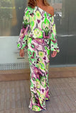hulianfu Sexy Floral Asymmetrical Oblique Collar Long Sleeve Two Pieces(7 Colors)