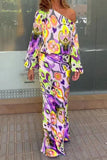 hulianfu Sexy Floral Asymmetrical Oblique Collar Long Sleeve Two Pieces(7 Colors)