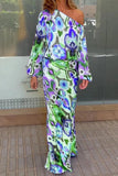 hulianfu Sexy Floral Asymmetrical Oblique Collar Long Sleeve Two Pieces(7 Colors)
