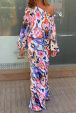 hulianfu Sexy Floral Asymmetrical Oblique Collar Long Sleeve Two Pieces(7 Colors)
