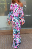 hulianfu Sexy Floral Asymmetrical Oblique Collar Long Sleeve Two Pieces(7 Colors)