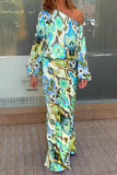 hulianfu Sexy Floral Asymmetrical Oblique Collar Long Sleeve Two Pieces(7 Colors)