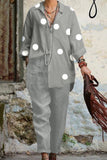 hulianfu Casual Polka Dot Printing Turndown Collar Long Sleeve Two Pieces