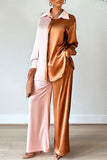 hulianfu Casual Patchwork Contrast Turndown Collar Long Sleeve Two Pieces(3 Colors)