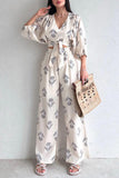 hulianfu Casual Sweet Print Bandage V Neck Half Sleeve Two Pieces