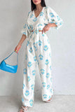 hulianfu Casual Sweet Print Bandage V Neck Half Sleeve Two Pieces