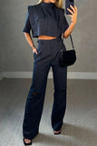 hulianfu Casual Simplicity Solid Ripped Pocket Half A Turtleneck Half Sleeve Two Pieces