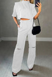 hulianfu Casual Simplicity Solid Ripped Pocket Half A Turtleneck Half Sleeve Two Pieces