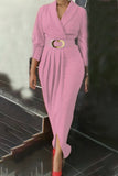 hulianfu Elegant Solid Patchwork Fold With Belt V Neck Long Sleeve Plus Size Dresses