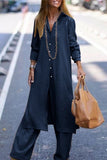 hulianfu Casual Solid Buttons Turndown Collar Long Sleeve Two Pieces(3 Colors)